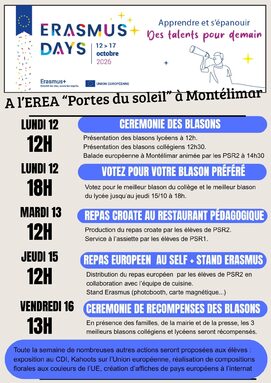 planning des ERASMUS days 2026 à l'EREA
